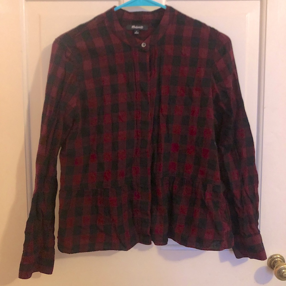 Madewell Cranberry Red and Black Button Down with Subtle Peplum Size S